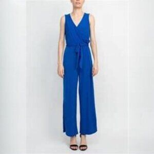 Nina Leonard Women's Surplice Jumpsuit Wide Leg Deep Sea Blue L Beach Casual EUC